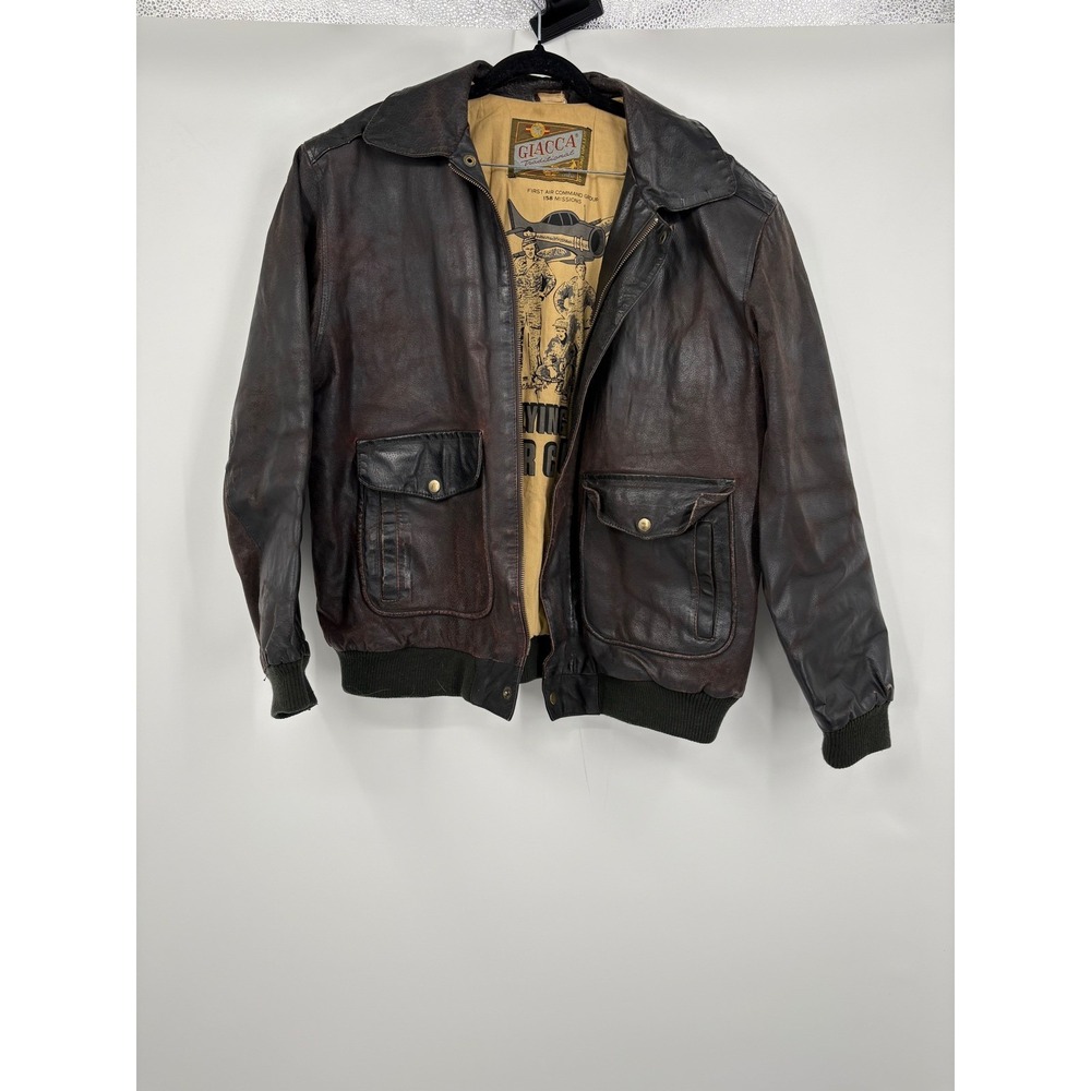GIACCA Men's Brown Leather Bomber Jacket Flight Air Command Graphic Lined Size M